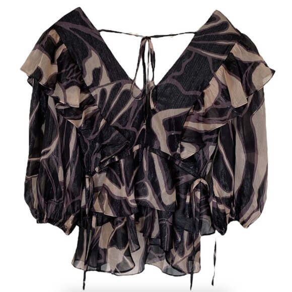 TED BAKER LONDON Jasmyna Metallic Purple/Black Ruffle Shimmer Top Medium - Picture 5 of 7